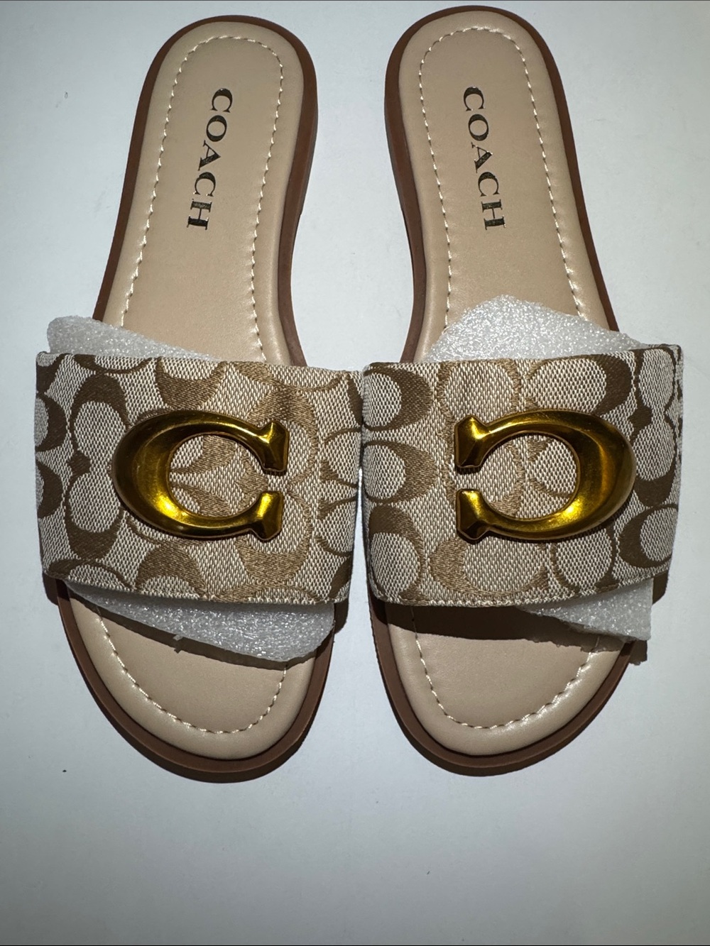 Coach Tan Signature Slide Sandals with Gold 'C' Accent